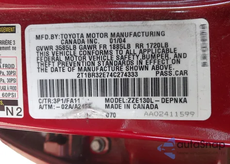 2004 Toyota Corolla Le z USA, uszkodzony, nr VIN 2T1BR32E74C274333